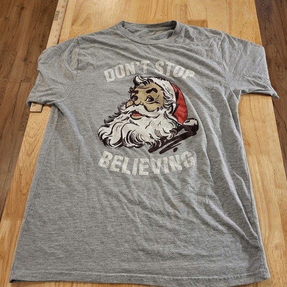 Christmas Santa Don't Stop Believing Journey heather gray t-shirt large medium - Picture 1 of 4